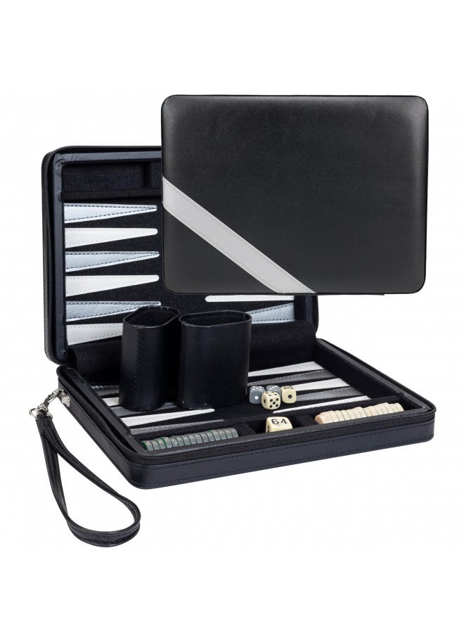 WE Games Backgammon Set, Board Games for Adults - Travel Games - Black with Gray Stripe Magnetic Leatherette Backgammon Board and Carrying Strap - Travel Backgammon Sets for Adults