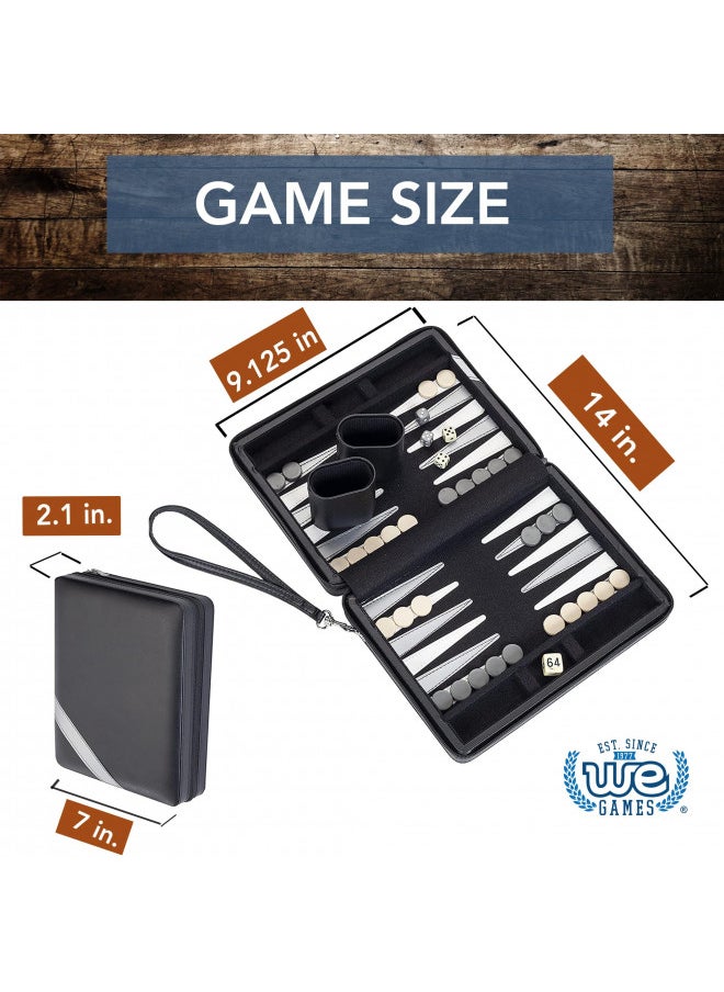 WE Games Backgammon Set, Board Games for Adults - Travel Games - Black with Gray Stripe Magnetic Leatherette Backgammon Board and Carrying Strap - Travel Backgammon Sets for Adults