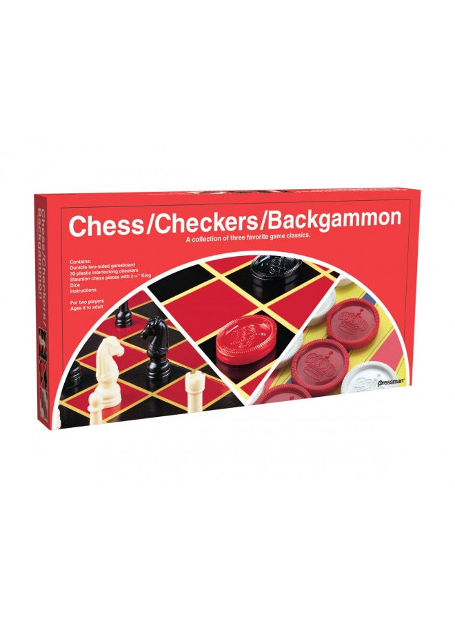 Pressman Chess / Checkers / Backgammon - 3 Games in One with Full Size Staunton Chess Pieces and Interlocking Checkers, 15.62 x 8.00 x 1.50 Inches