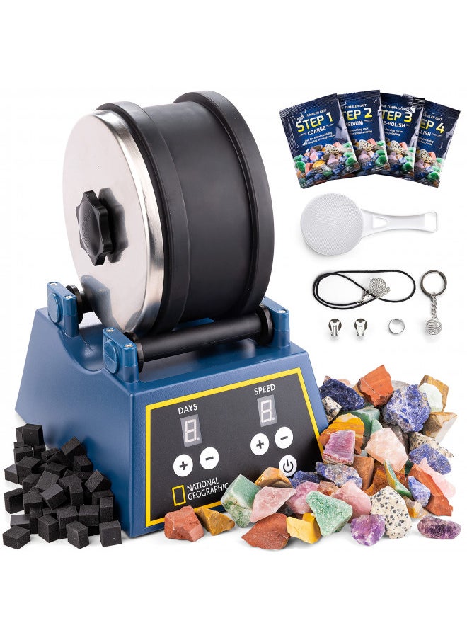 NATIONAL GEOGRAPHIC Rock Tumbler Kit - 3 Lb. Extra Large Capacity Barrel with 3-Speed Motor & 9-Day Timer, Kit Includes Rocks for Tumbling and Rock Polisher Grit, Rock Tumbler for Adults and Kids