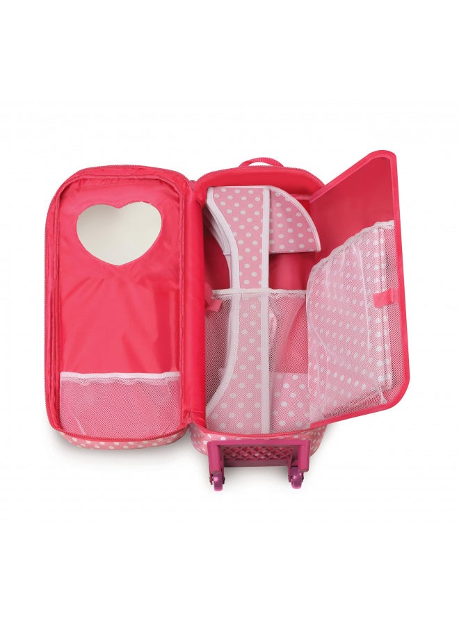 Badger Basket Toy 3-in-1 Doll Trolley Travel Carrier with Rocking Bed and Bedding for 18 inch Dolls - Pink/Polka Dot