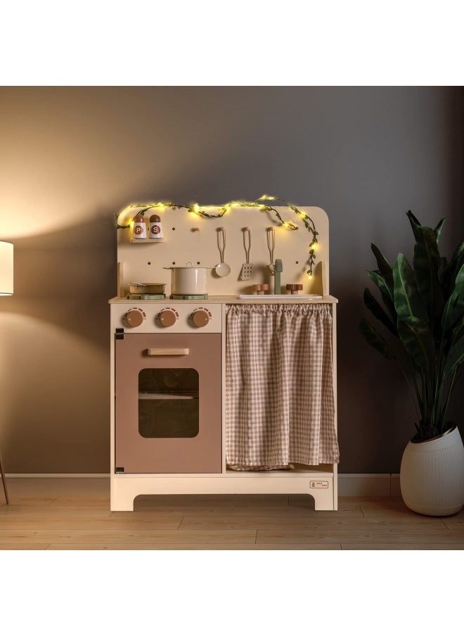 ROBOTIME Kids Play Kitchen Set - Rustic Wooden Pretend Play Kitchen with Leaf Light String, Apron, and Groves, for Toddlers 3+ (Rustic Style)