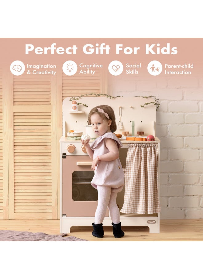 ROBOTIME Kids Play Kitchen Set - Rustic Wooden Pretend Play Kitchen with Leaf Light String, Apron, and Groves, for Toddlers 3+ (Rustic Style)