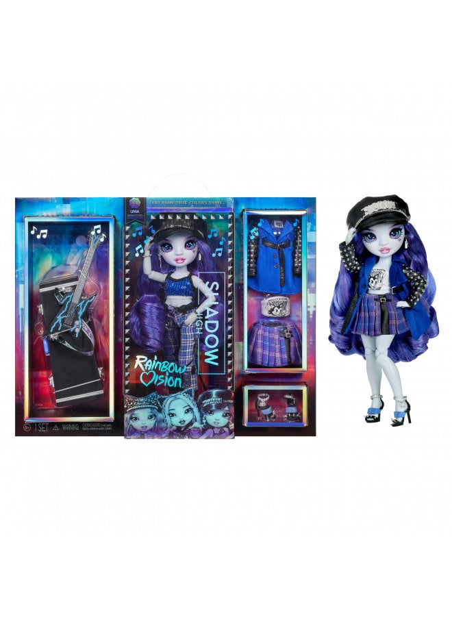 Rainbow High Vision and Neon Shadow-Uma Vanhoose (Neon Blue) Posable Fashion Doll. 2 Designer Outfits to Mix & Match, Rock Band Accessories Playset, Great Toy Gift for Kids 6-12 Years & Collector