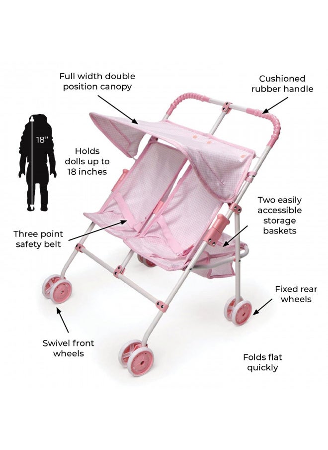 Badger Basket Toy Doll Folding Double Umbrella Stroller with Canopy for 18 inch Dolls - Pink/Gingham