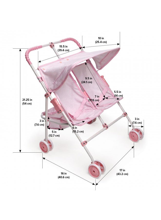 Badger Basket Toy Doll Folding Double Umbrella Stroller with Canopy for 18 inch Dolls - Pink/Gingham