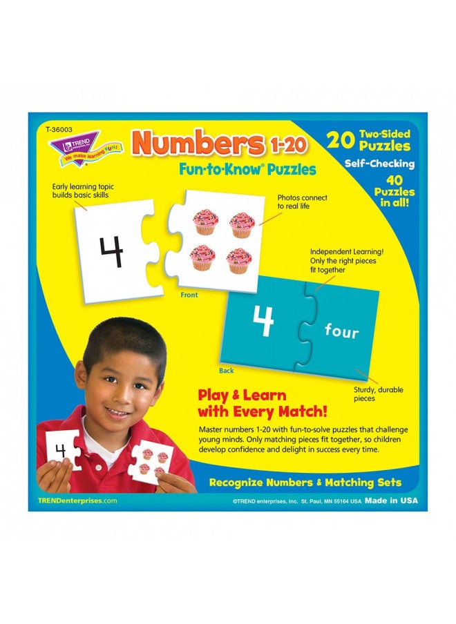 TREND ENTERPRISES: Fun-to-Know Puzzles: Numbers 1-20, Learn Numbers, Counting & Sets, 20 Two-Sided Puzzles, Self-Checking, 40 Puzzles Total, For Ages 3 and Up