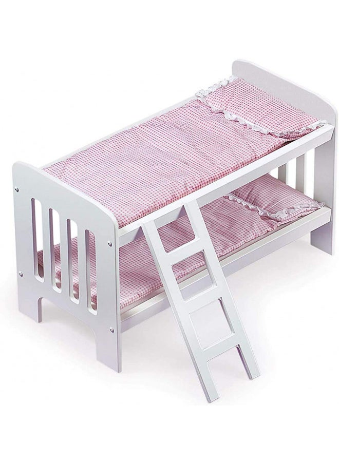 Badger Basket Toy Doll Bunk Bed with Gingham Bedding, Ladder, and Personalization Kit for 20 inch Dolls - White/Pink