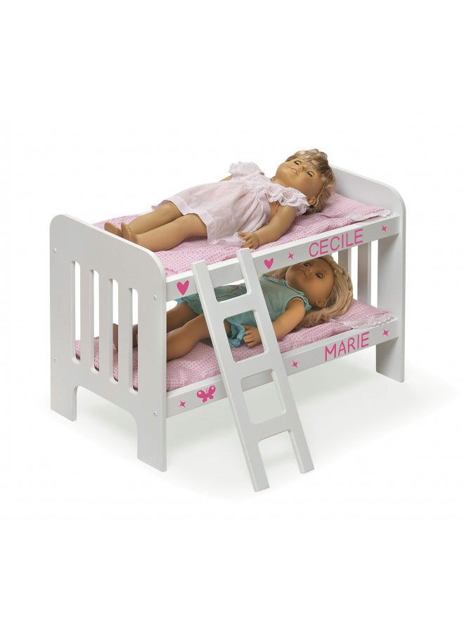 Badger Basket Toy Doll Bunk Bed with Gingham Bedding, Ladder, and Personalization Kit for 20 inch Dolls - White/Pink