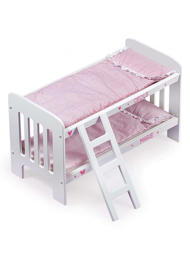 Badger Basket Toy Doll Bunk Bed with Gingham Bedding, Ladder, and Personalization Kit for 20 inch Dolls - White/Pink