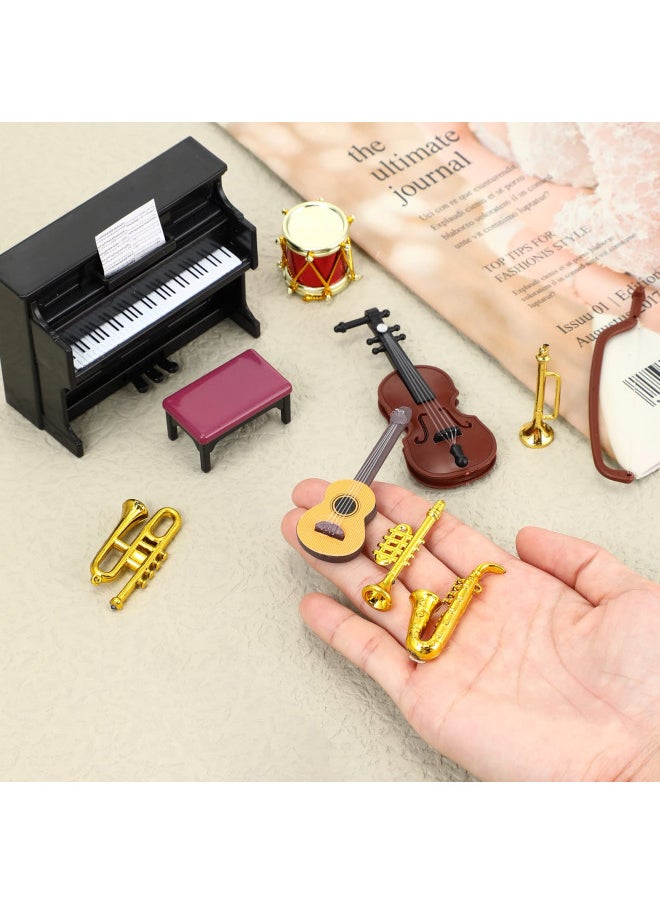 Dollhouse Miniature Musical Instrument Set in 1:12 Scale, Mini Dollhouse Musical Instrument Model Includes Violin Piano Trumpet Saxophone Electric Guitar, Model Accessory for Dollhouse Mini Music Room