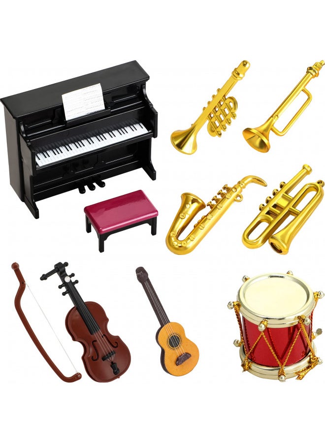 Dollhouse Miniature Musical Instrument Set in 1:12 Scale, Mini Dollhouse Musical Instrument Model Includes Violin Piano Trumpet Saxophone Electric Guitar, Model Accessory for Dollhouse Mini Music Room