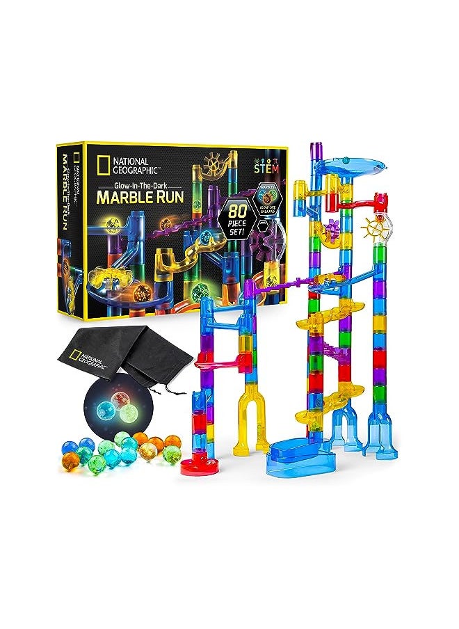 NATIONAL GEOGRAPHIC Glowing Marble Run 80 Piece Construction Set with 15 Glow in the Dark Glass Marbles & Storage Bag, STEM Gifts for Boys and Girls, Building Project Toy (Amazon Exclusive)