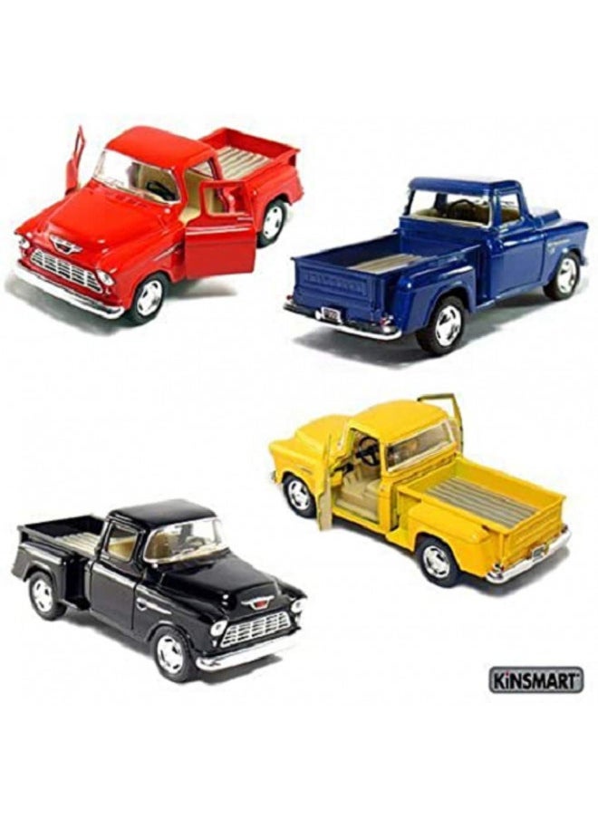 Set of 4 die-cast Chevy Stepside Pick-Up 1/32 Scale, Pull Back Action Cars.