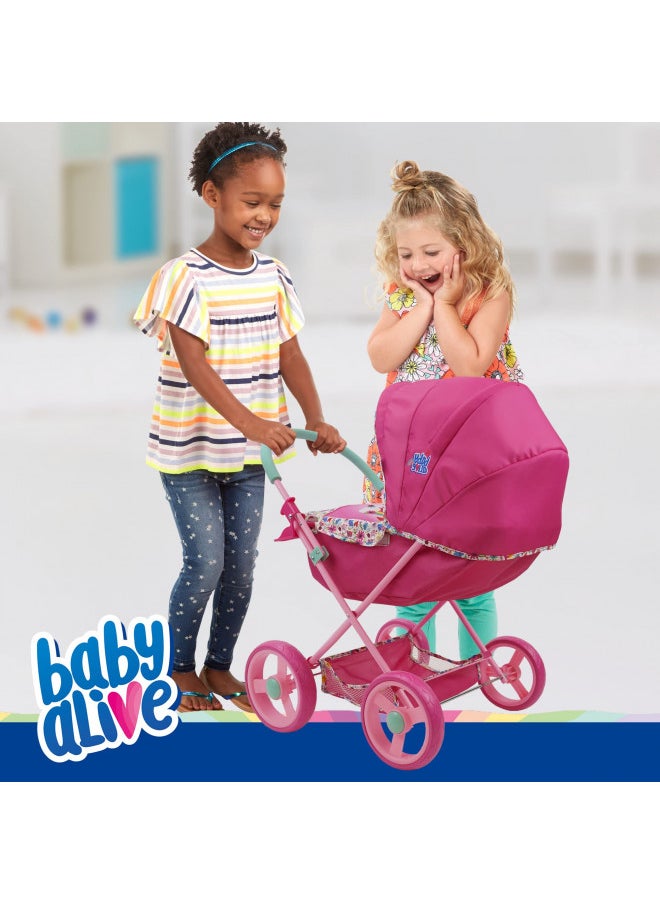 Baby Alive: Deluxe Classic Doll Pram - Pink & Rainbow - Includes Matching Handbag/Diaper Bag, Fits Dolls up to 18