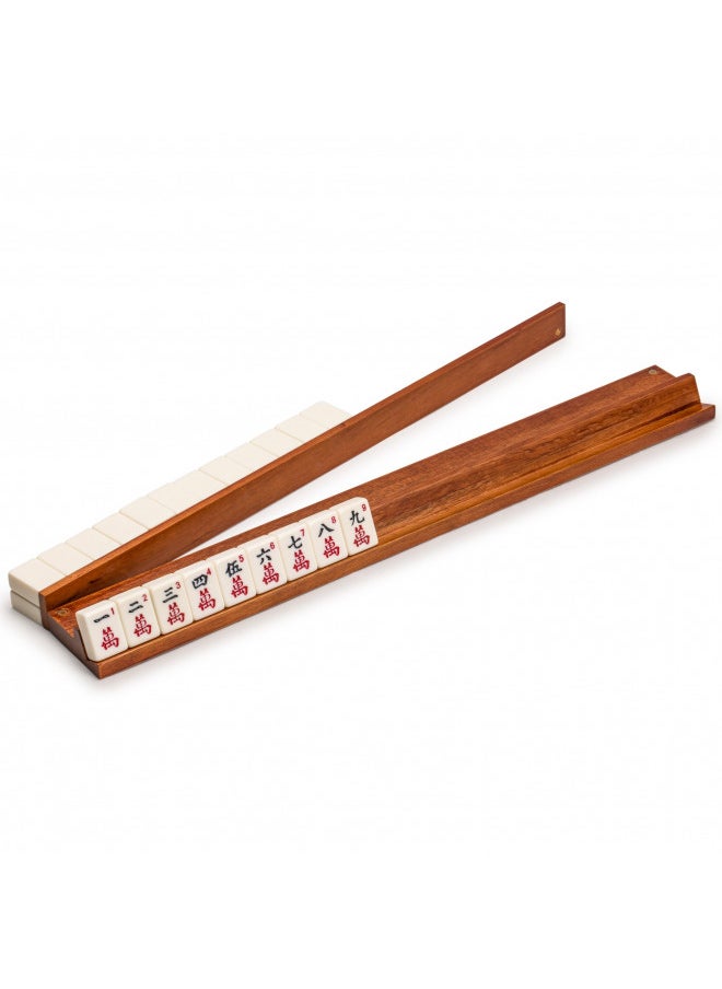 Yellow Mountain Imports Classic Chestnut Color Wooden Mahjong Game Racks with Pushers, 18 Inches - Set of 4 (Includes Magnetically Attached Mahjong Pushers)