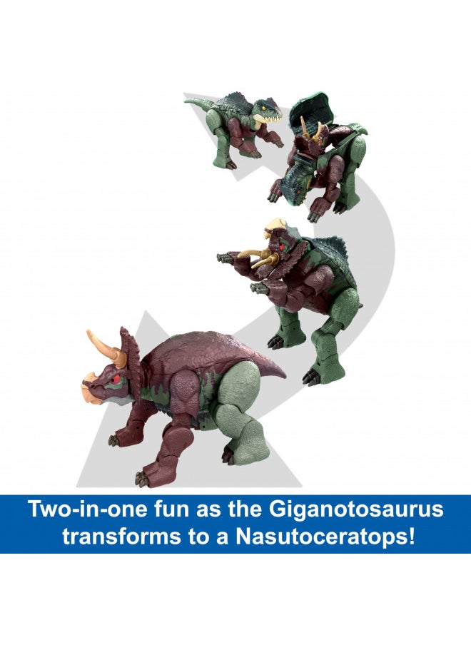 Mattel Jurassic World Transforming Dinosaur Toy, Giganotosaurus to Nasutoceratops, Massive Stretch Fierce Changers 16-Step 2 in 1 Figure