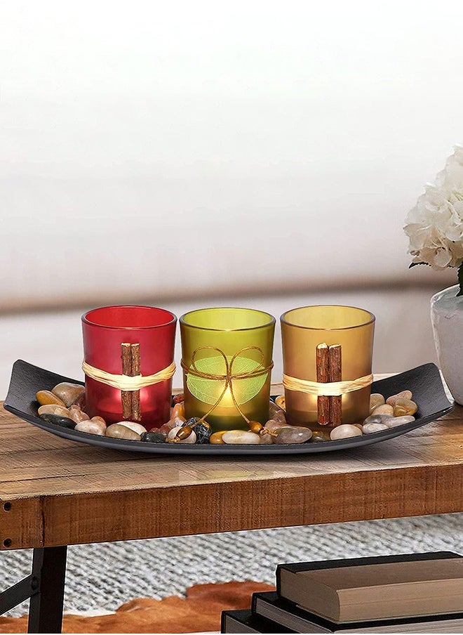 Candle Holders Tray Rocks, Home Decor Accents Gift Set, Natual Votive Candlescape Set of 3 Tea Light Natual Stones, Small Coffee Table Decor, Gift for Birthday, Mother's Day, Anniversary