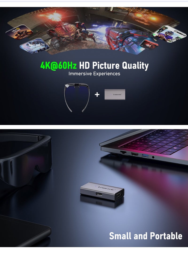 Lemorele HDMI to USB C Adapter 4K@60HZ, HDMI to Type C Adapter, Compatible with RayNeo Air 2s AR Smart Glasses, Nintendo Switch, Steam Deck Base, PS4, PS5, Xbox series X / S, Apple TV, Google TV, Laptop, Desktop PC. Converet your HDMI output to your AR glasses to enjoy immersive large screen experience.