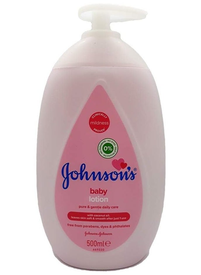 Johnson's Baby Lotion (1 x 500 ml) Nourishing and Mild Baby Body Lotion for Delicate Skin with Coconut Oil for 24h Moisture Protection, Hypoallergenic Baby Lotion