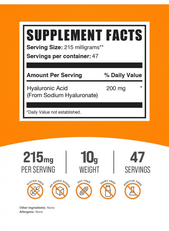 BulkSupplements.com Hyaluronic Acid Powder - Hyaluronic Acid Supplements, Hyaluronic Acid 215mg - Hyaluronic Acid Food Grade, Gluten Free - 215mg per Serving, 250g (8.8 oz) (Pack of 1)