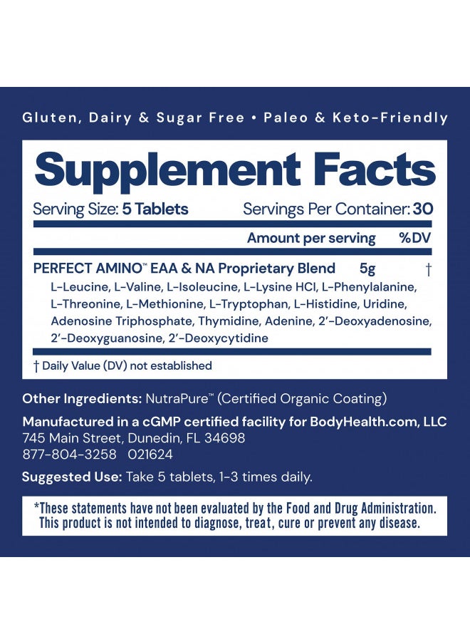 BodyHealth PerfectAmino (150 ct) Easy to Swallow Tablets, Essential Amino Acids Supplement with BCAAs, Vegan Protein for Pre/Post Workout & Muscle Recovery with Lysine, Tryptophan, Leucine, Methionine