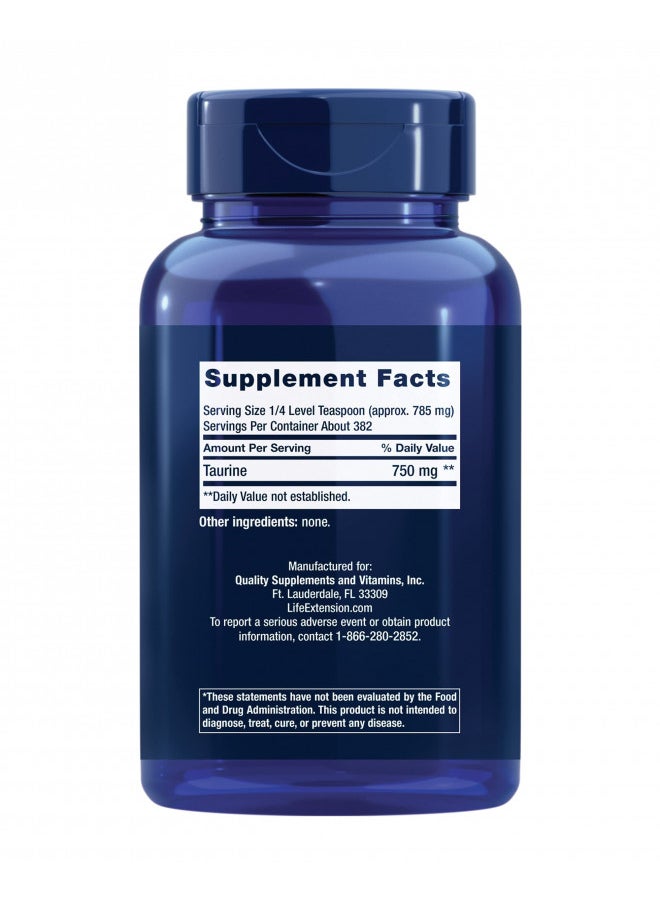 Life Extension Taurine Powder Healthy Cardiovascular Support, Promotes Brain Health, Healthy Aging, and Muscle and Exercise Recovery Gluten-Free, Non-GMO, Vegetarian 300 Grams