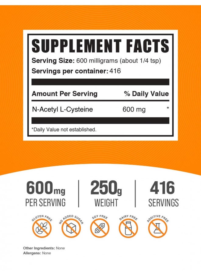 BulkSupplements.com NAC Powder - N-Acetyl Cysteine 600mg, NAC Supplement - Antioxidant Support, Gluten Free - 600mg per Serving, 416 Servings, 250g (8.8 oz) (Pack of 1)