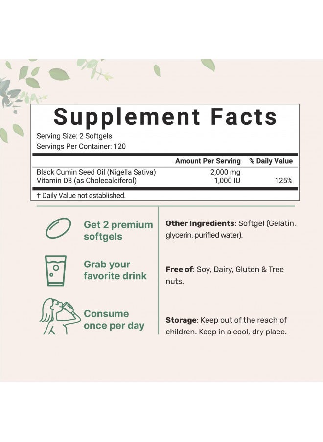 Micro Ingredients Black Seed Oil 2000 mg with Vitamin D3 1000 IU, 240 Softgels | Cold Pressed - Nigella Sativa Pills from Egypt, Virgin Oil, Odorless, Non-GMO & No Gluten