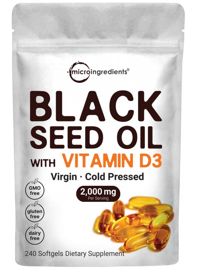 Micro Ingredients Black Seed Oil 2000 mg with Vitamin D3 1000 IU, 240 Softgels | Cold Pressed - Nigella Sativa Pills from Egypt, Virgin Oil, Odorless, Non-GMO & No Gluten
