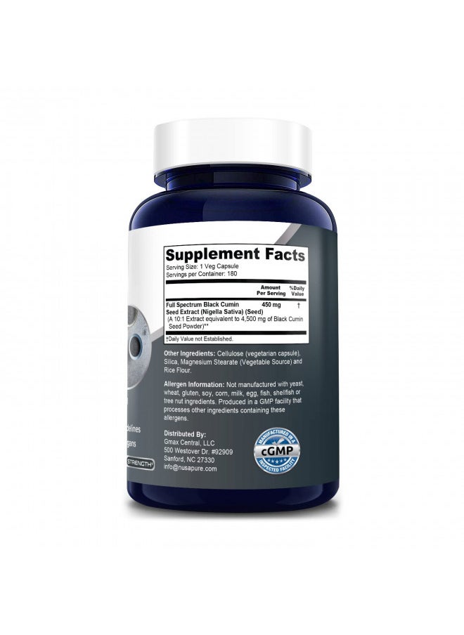 NusaPure Full Spectrum Black Cumin Seed Extract 4500mg 180 Veggie Powder Caps (Extract Ratio 10:1, Non-GMO & Gluten Free) Non-Oily