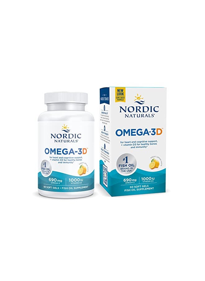 Nordic Naturals Omega-3D, Lemon Flavor - 60 Soft Gels - 690 mg Omega-3 + 1000 IU Vitamin D3 - Fish Oil - EPA & DHA - Immune Support, Brain & Heart Health, Healthy Bones - Non-GMO - 30