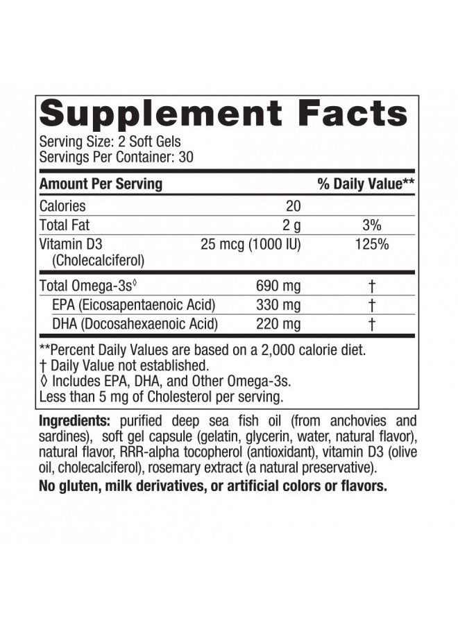 Nordic Naturals Omega-3D, Lemon Flavor - 60 Soft Gels - 690 mg Omega-3 + 1000 IU Vitamin D3 - Fish Oil - EPA & DHA - Immune Support, Brain & Heart Health, Healthy Bones - Non-GMO - 30