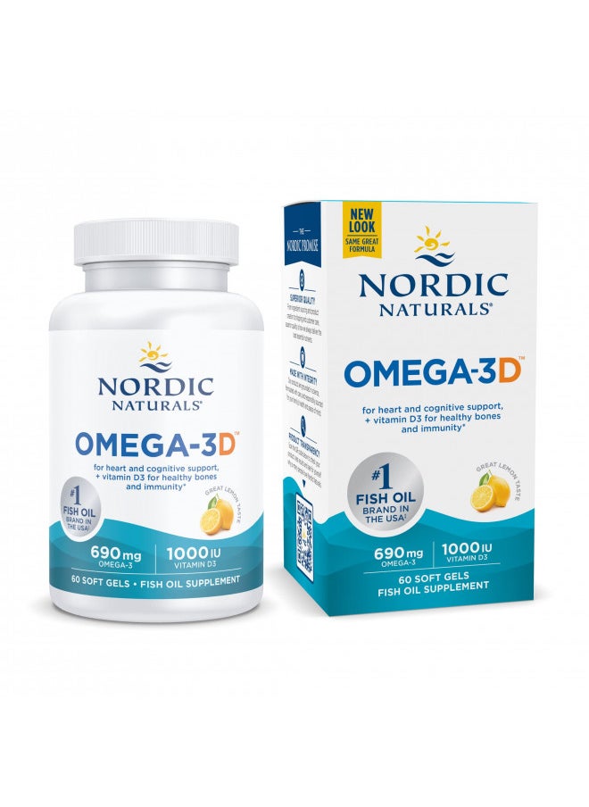 Nordic Naturals Omega-3D, Lemon Flavor - 60 Soft Gels - 690 mg Omega-3 + 1000 IU Vitamin D3 - Fish Oil - EPA & DHA - Immune Support, Brain & Heart Health, Healthy Bones - Non-GMO - 30