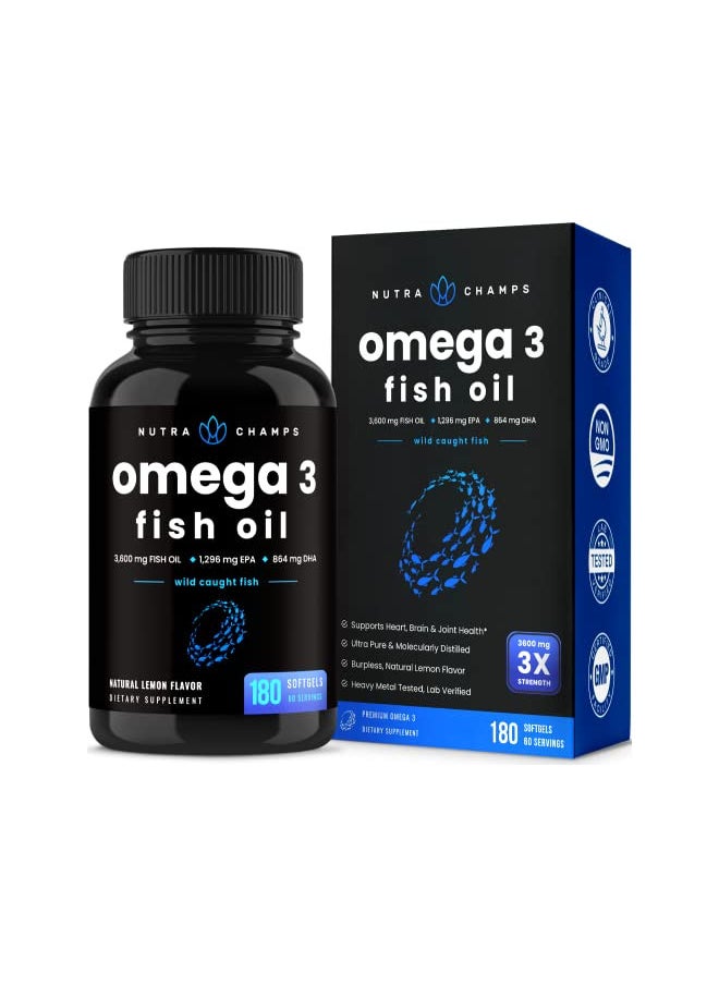 Omega 3 Fish Oil Supplements 3600mg with EPA & DHA | High Potency Omega 3 Supplement to Support Heart, Brain, Joints, Skin, Eyes & Immune Health | 180 Natural Lemon Burpless Fish Oil Capsules