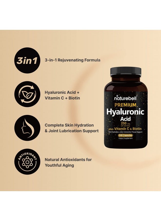 NatureBell 2 Pack Plant Based Hyaluronic Acid Supplements 250mg with 25mg Vitamin C & Biotin 5000mcg, 480 Total Capsules | Essential for Hair Growth, Joint Support, & Hydrating Skin | Non-GMO