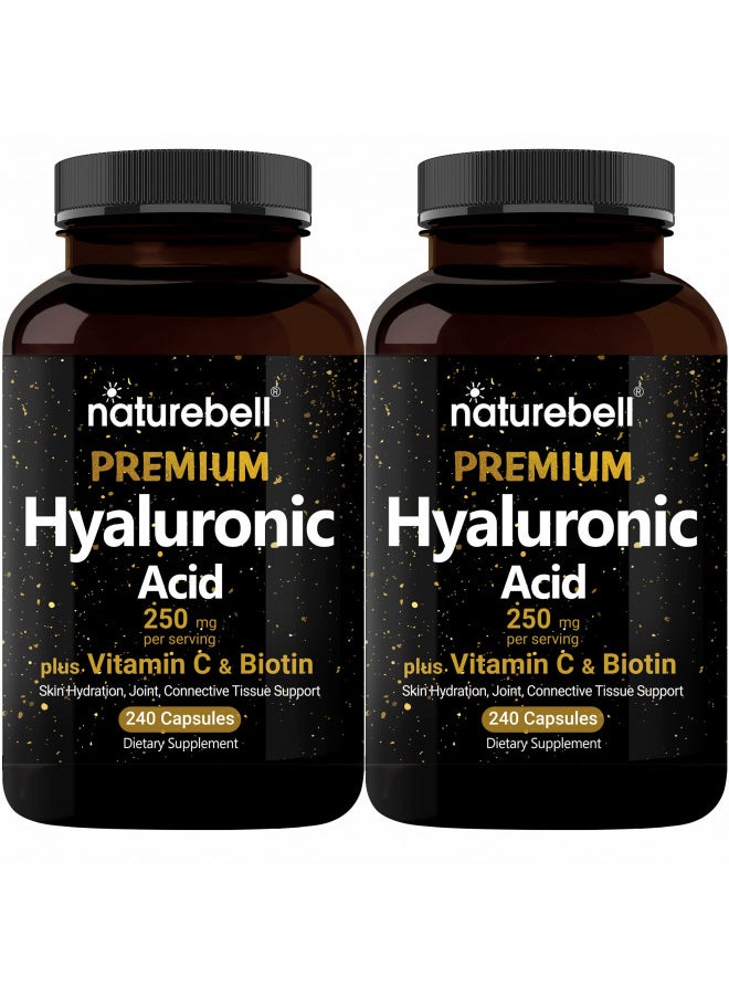 NatureBell 2 Pack Plant Based Hyaluronic Acid Supplements 250mg with 25mg Vitamin C & Biotin 5000mcg, 480 Total Capsules | Essential for Hair Growth, Joint Support, & Hydrating Skin | Non-GMO