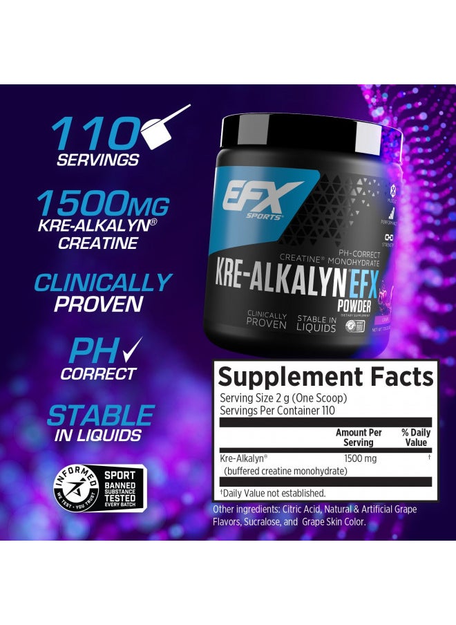 EFX Sports Kre-Alkalyn EFX Powder | pH Correct Creatine Monohydrate Powder Supplement | Strength, Muscle Growth & Performance | 110 Servings (Grape)