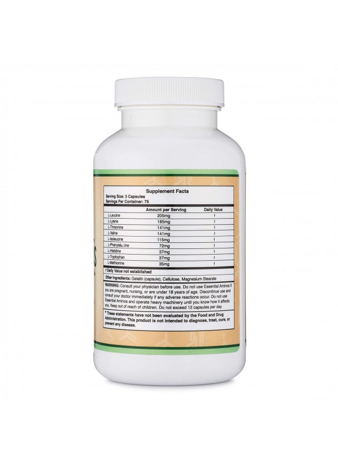 Essential Amino Acids - 1 Gram Per Serving Powder Blend of All 9 Essential Aminos (EAA) and all Branched-Chain Aminos (BCAAs) (Leucine, Isoleucine, Valine) 225 Capsules by Double Wood Supplements