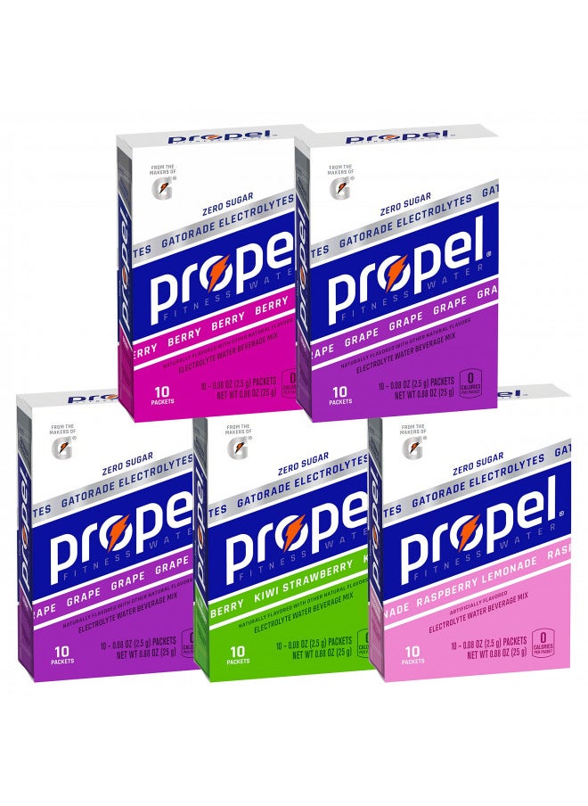 Propel Powder Packets 4 Flavor Variety Pack With Electrolytes, Vitamins and No Sugar 10 Count (Pack of 5) (Packaging May Vary)