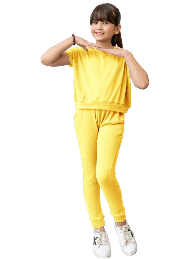 Kids Girls Yellow T-Shirt Top & Legging Set Soft Stretchable Cotton Casual Outfit Comfortable & Stylish Everyday Wear Co-Ord Set