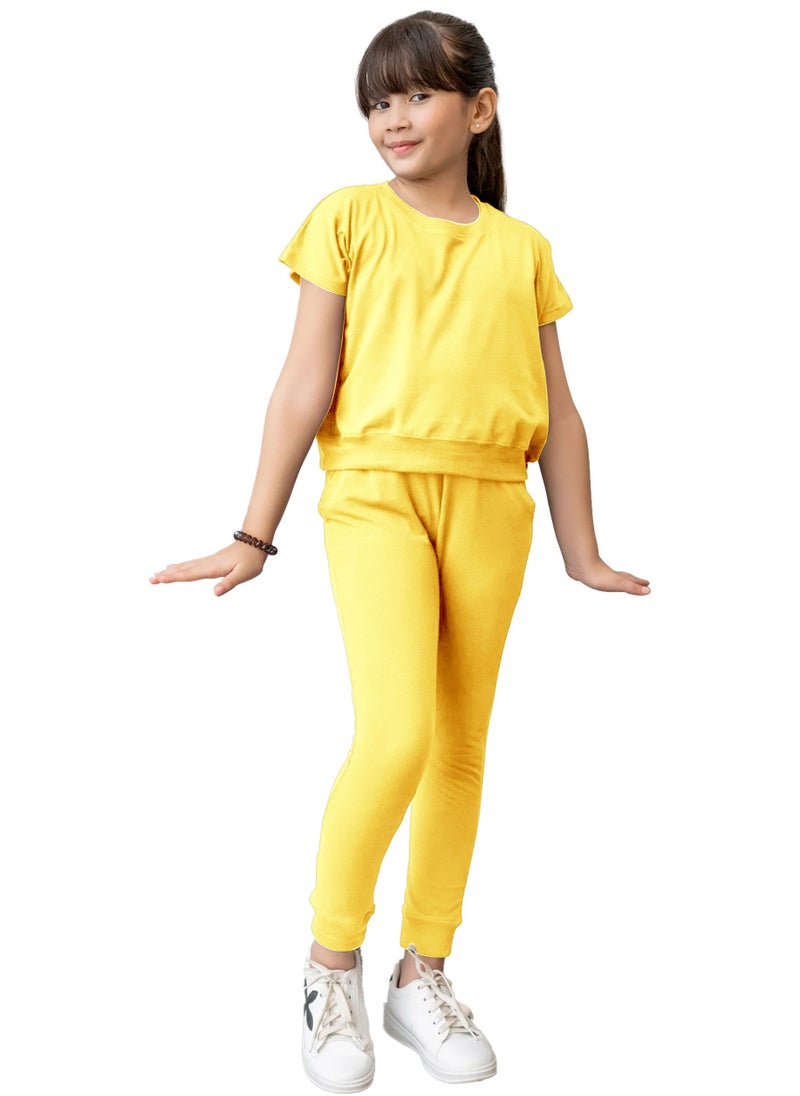 Kids Girls Yellow T-Shirt Top & Legging Set Soft Stretchable Cotton Casual Outfit Comfortable & Stylish Everyday Wear Co-Ord Set