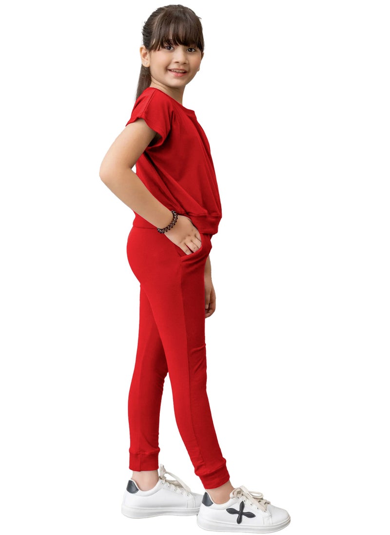 Kids Girls Red T-Shirt Top & Legging Set Soft Stretchable Cotton Casual Outfit Comfortable & Stylish Everyday Wear Co-Ord Set