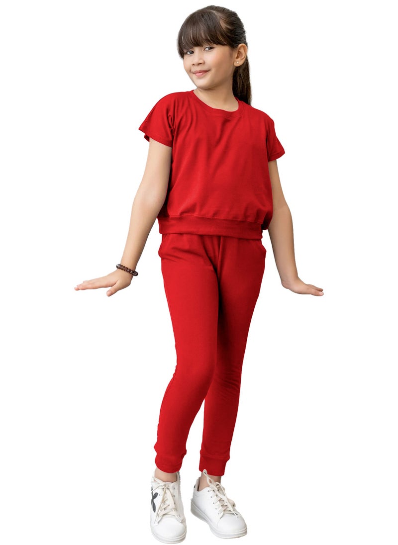 Kids Girls Red T-Shirt Top & Legging Set Soft Stretchable Cotton Casual Outfit Comfortable & Stylish Everyday Wear Co-Ord Set