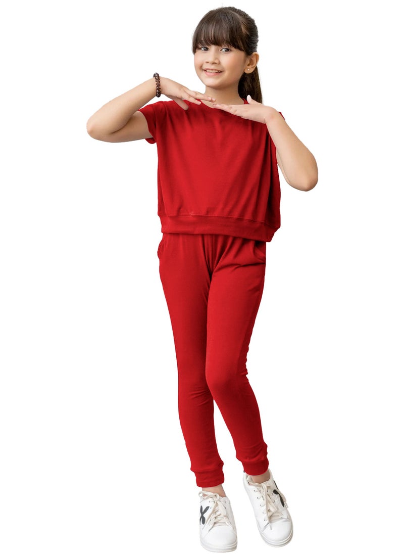 Kids Girls Red T-Shirt Top & Legging Set Soft Stretchable Cotton Casual Outfit Comfortable & Stylish Everyday Wear Co-Ord Set