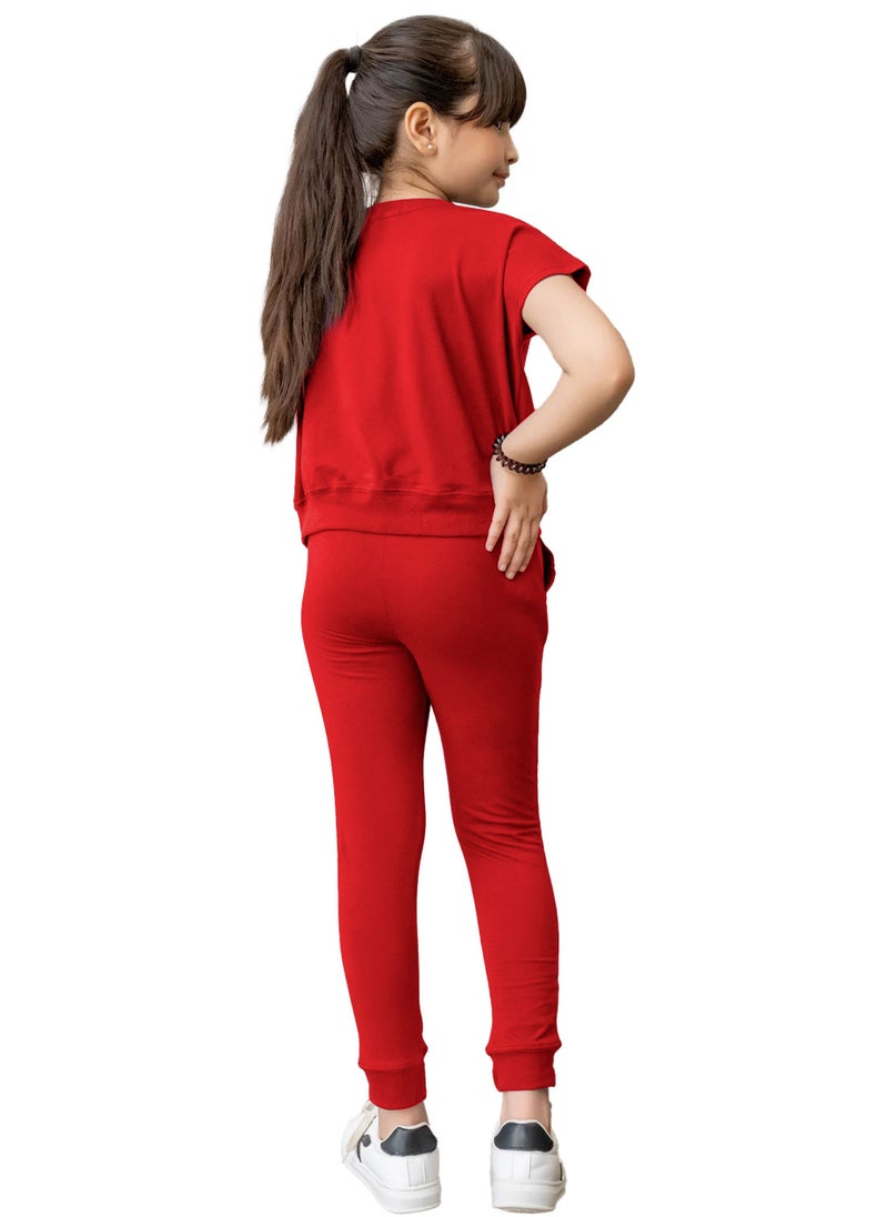 Kids Girls Red T-Shirt Top & Legging Set Soft Stretchable Cotton Casual Outfit Comfortable & Stylish Everyday Wear Co-Ord Set