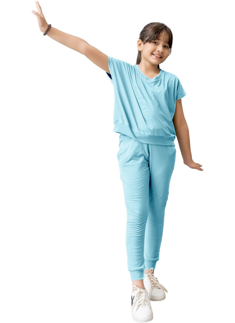 Kids Girls Sky Blue T-Shirt Top & Legging Set Soft Stretchable Cotton Casual Outfit Comfortable & Stylish Everyday Wear Co-Ord Set