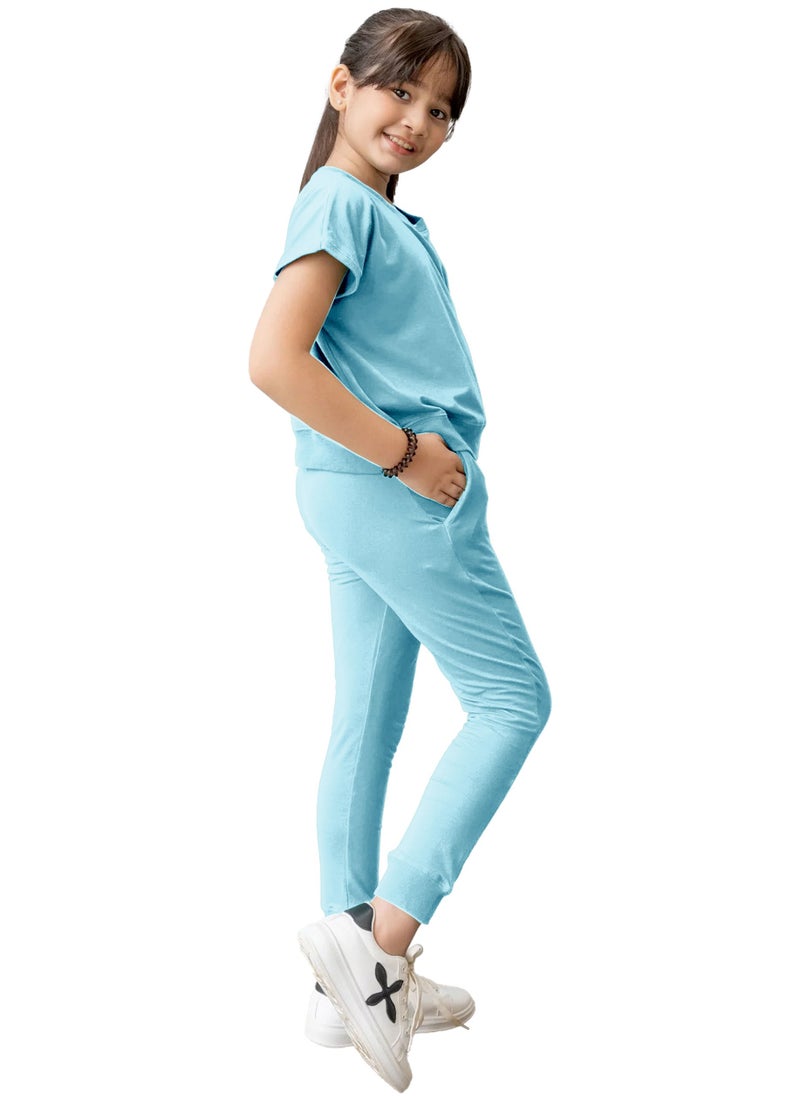 Kids Girls Sky Blue T-Shirt Top & Legging Set Soft Stretchable Cotton Casual Outfit Comfortable & Stylish Everyday Wear Co-Ord Set