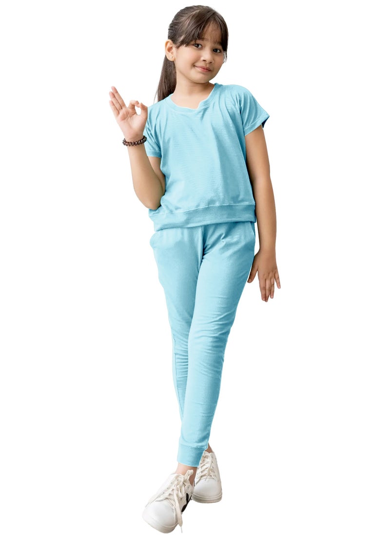 Kids Girls Sky Blue T-Shirt Top & Legging Set Soft Stretchable Cotton Casual Outfit Comfortable & Stylish Everyday Wear Co-Ord Set