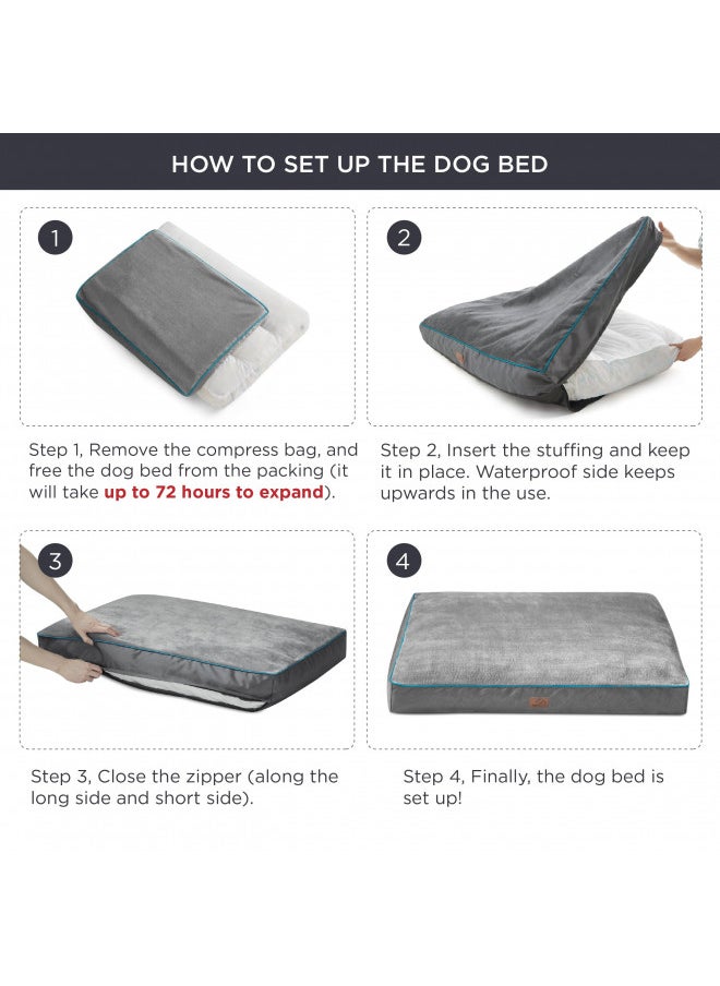 Bedsure Waterproof Large Dog Bed - 4 inch Thicken Up to 80lbs Large Dog Bed with Washable Cover, Pet Bed Mat Pillows, Grey